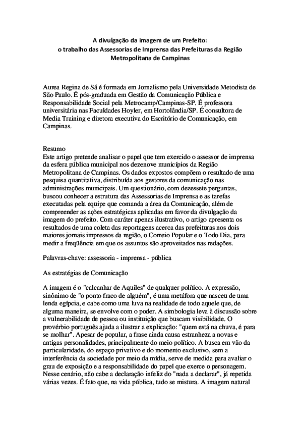 A divulgação da imagem de um Prefeito: o trabalho das Assessorias de Imprensa das Prefeituras da Região Metropolitana de Campinas