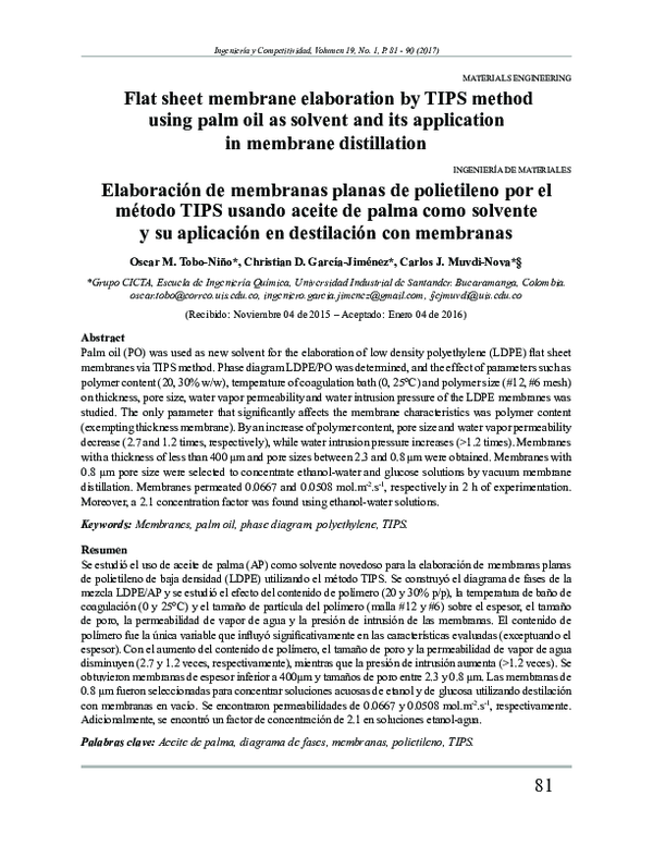 (PDF) Flat sheet membrane elaboration by TIPS method using palm oil as ...