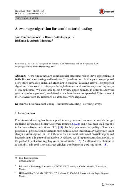 (PDF) A two-stage algorithm for combinatorial testing