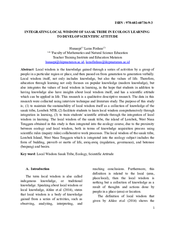 (DOC) INTEGRATING LOCAL WISDOM OF SASAK TRIBE IN ECOLOGY LEARNING.rtf