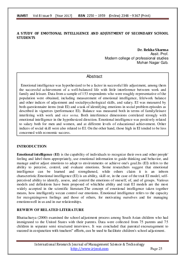 (PDF) A STUDY OF EMOTIONAL INTELLIGENCE AND ADJUSTMENT OF SECONDARY ...