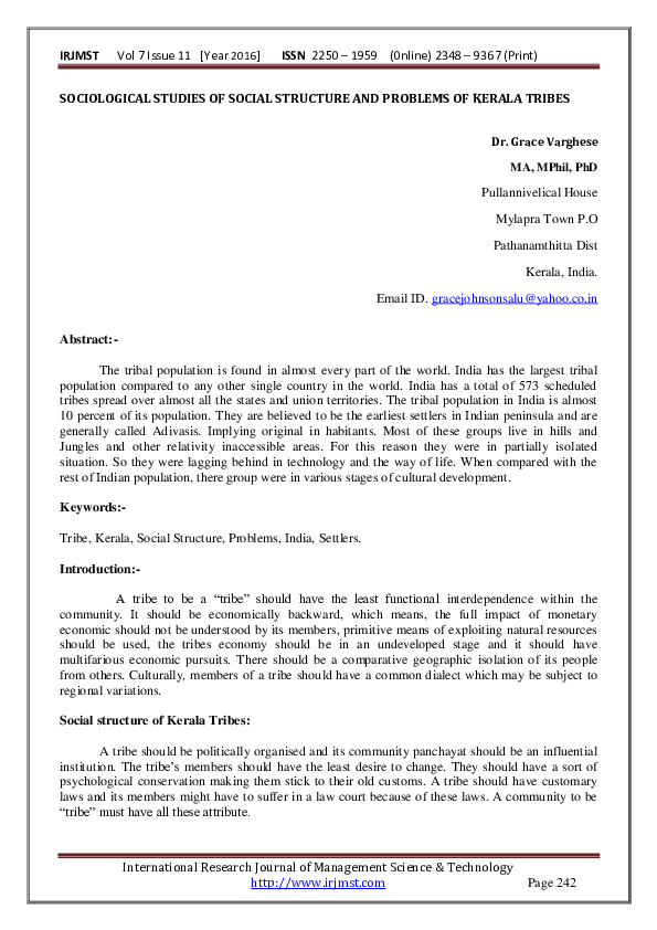 (PDF) SOCIOLOGICAL STUDIES OF SOCIAL STRUCTURE AND PROBLEMS OF KERALA ...