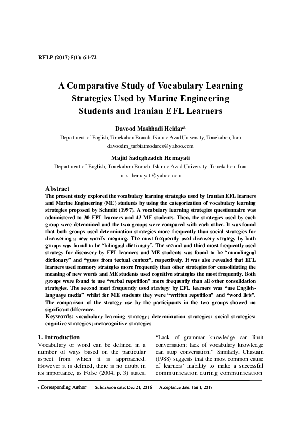 (PDF) A Comparative Study of Vocabulary Learning Strategies Used by ...