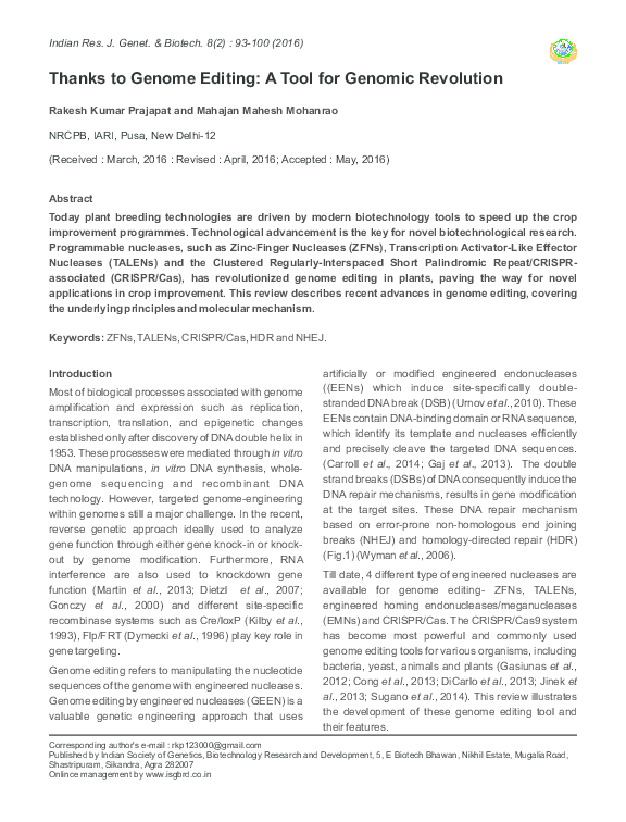 (PDF) Thanks to Genome Editing: A Tool for Genomic Revolution