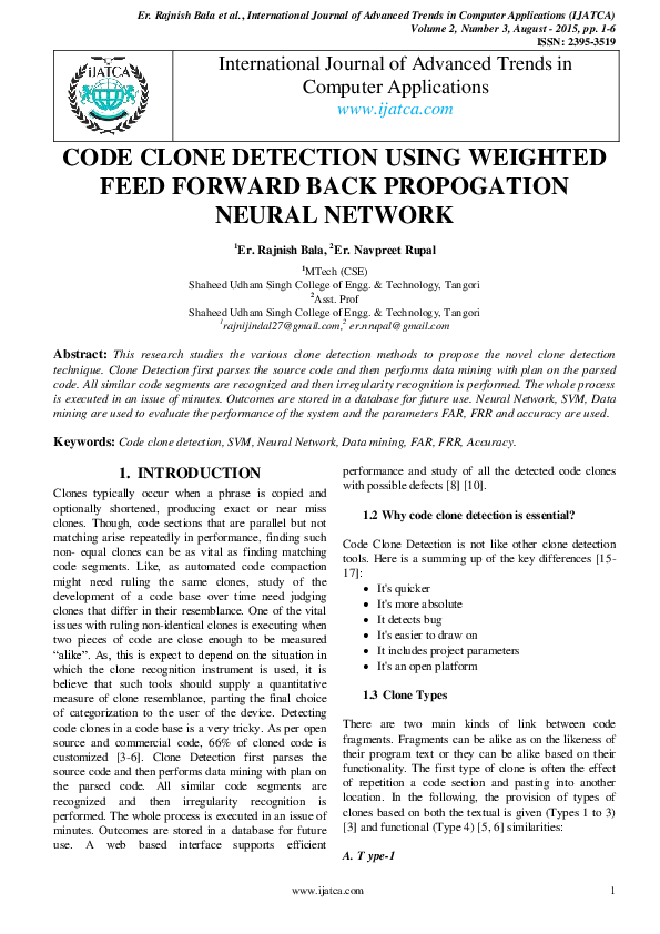 (PDF) CODE CLONE DETECTION USING WEIGHTED FEED FORWARD BACK PROPOGATION ...