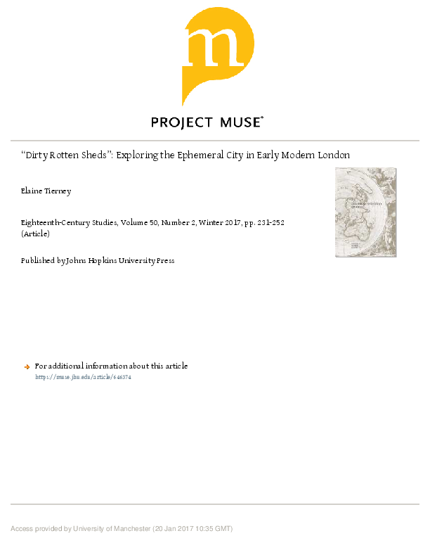 First page of “'"Dirty Rotten Sheds": Exploring the Ephemeral City in Early Modern London', Eighteenth-Century Studies, 50:2 (Jan. 2017)”