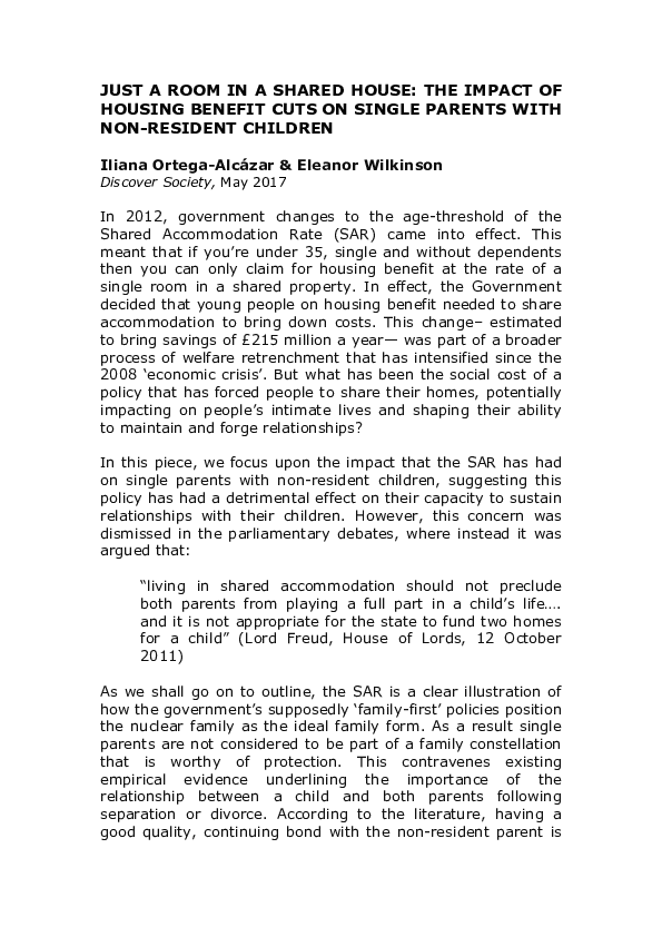 (PDF) Just a room in a shared house The impact of housing benefit cuts