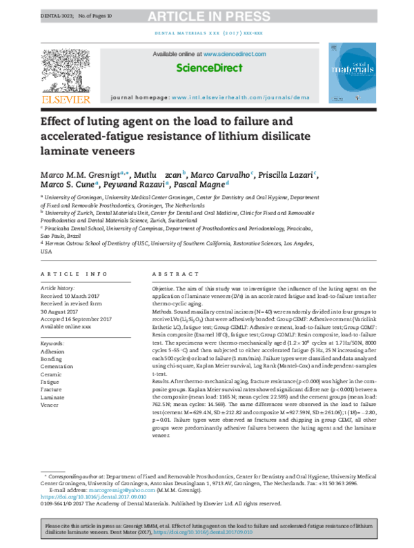 (PDF) Effect of luting agent on the load to failure and accelerated ...