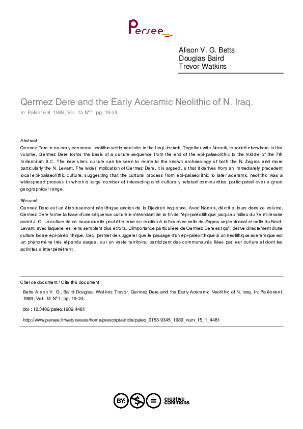 (PDF) Qermez Dere and the Early Aceramic Neolithic of N. Iraq Douglas