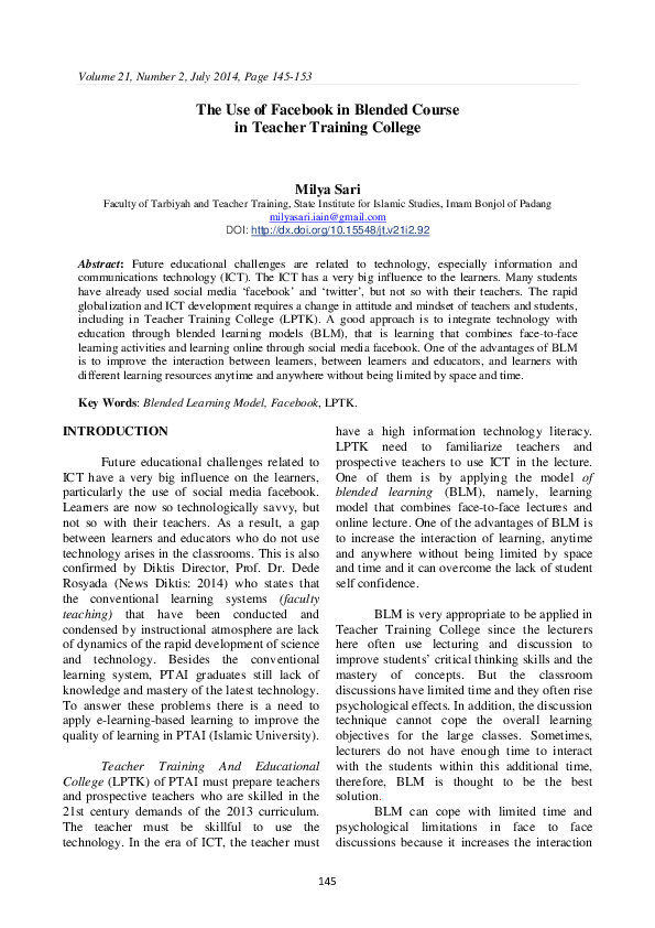 (PDF) The Use of Facebook in Blended Course in Teacher Training College