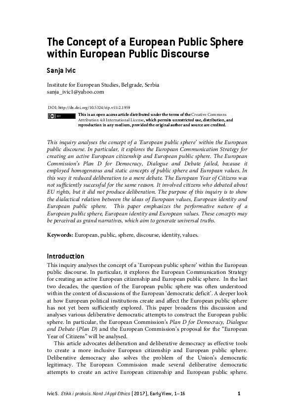 (PDF) The Concept of a European Public Sphere within European Public
