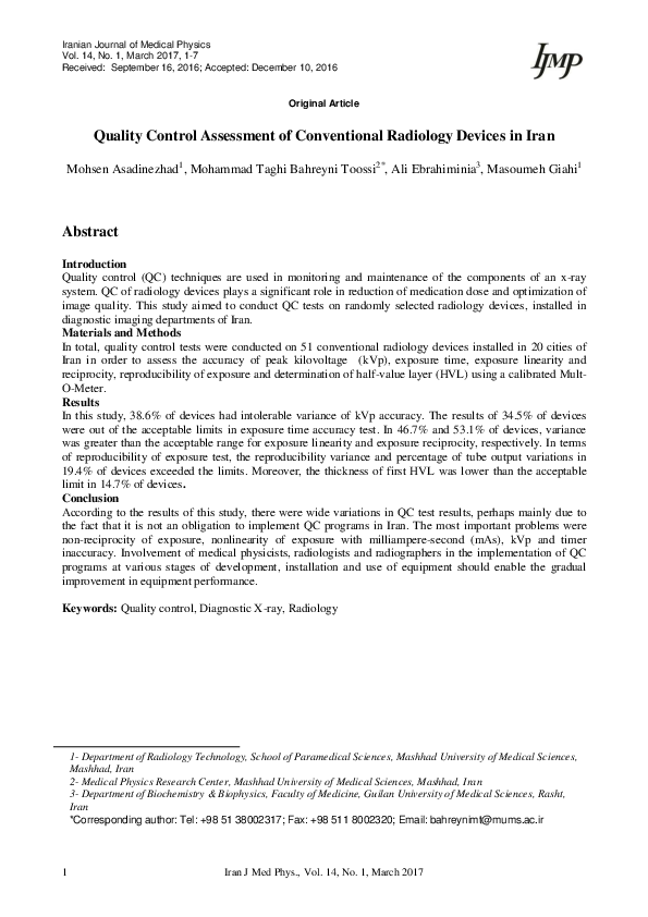 (PDF) Quality Control Assessment of Conventional Radiology Devices in Iran