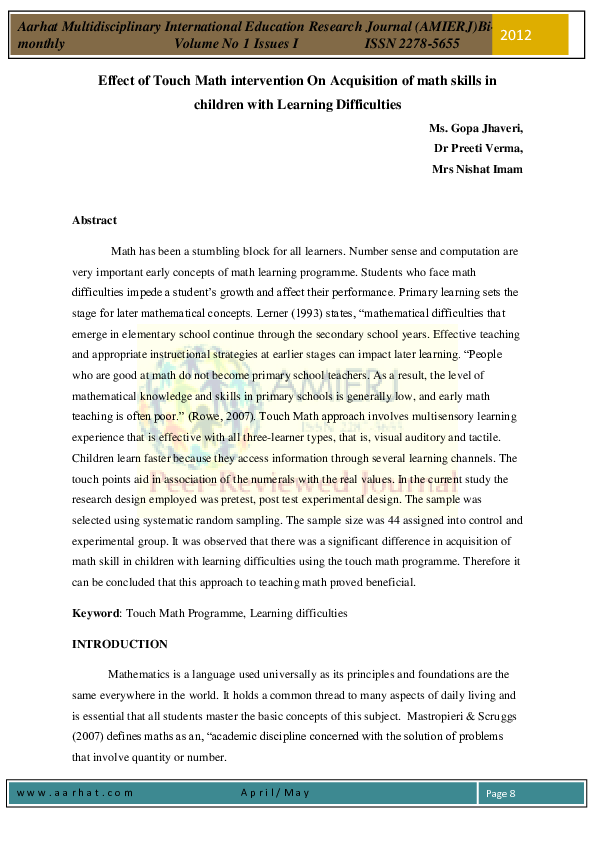 (DOC) Effect of Touch Math intervention On Acquisition of math skills ...