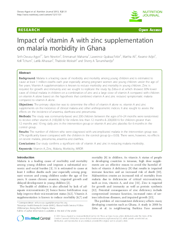 (PDF) Impact of vitamin A with zinc supplementation on malaria ...