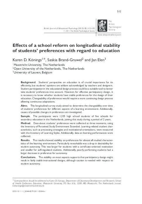 (PDF) Effects of a school reform on longitudinal stability of students ...