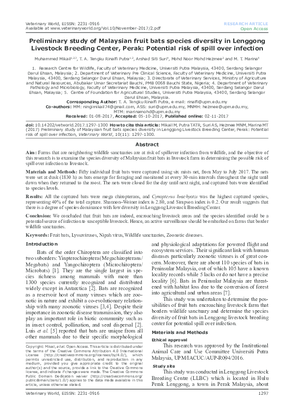 Pdf Preliminary Study Of Malaysian Fruit Bats Species Diversity In Lenggong Livestock Breeding Center Perak Potential Risk Of Spill Over Infection Veterinary World Academia Edu