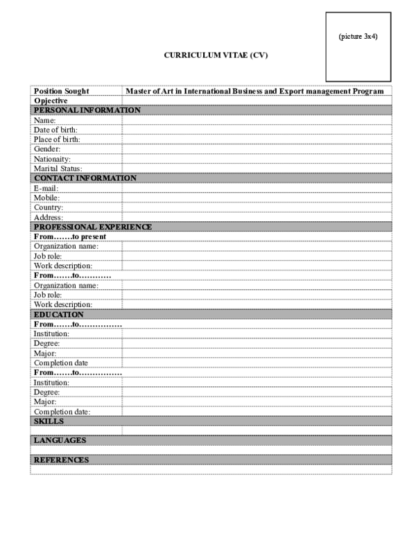 (DOC) CURRICULUM VITAE (CV) Position Sought Master of Art in