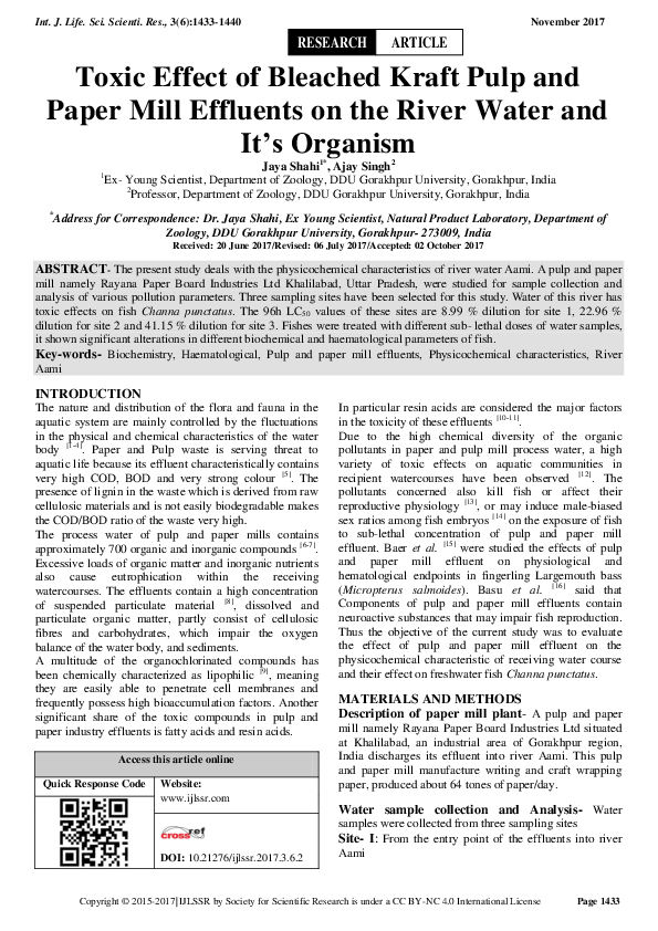 (PDF) Toxic Effect of Bleached Kraft Pulp and Paper Mill Effluents on the River Water and It's