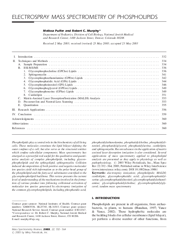 (PDF) ELECTROSPRAY MASS SPECTROMETRY OF PHOSPHOLIPIDS