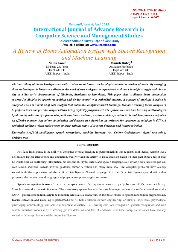 (PDF) A Review of Home Automation System with Speech Recognition and Machine Learning