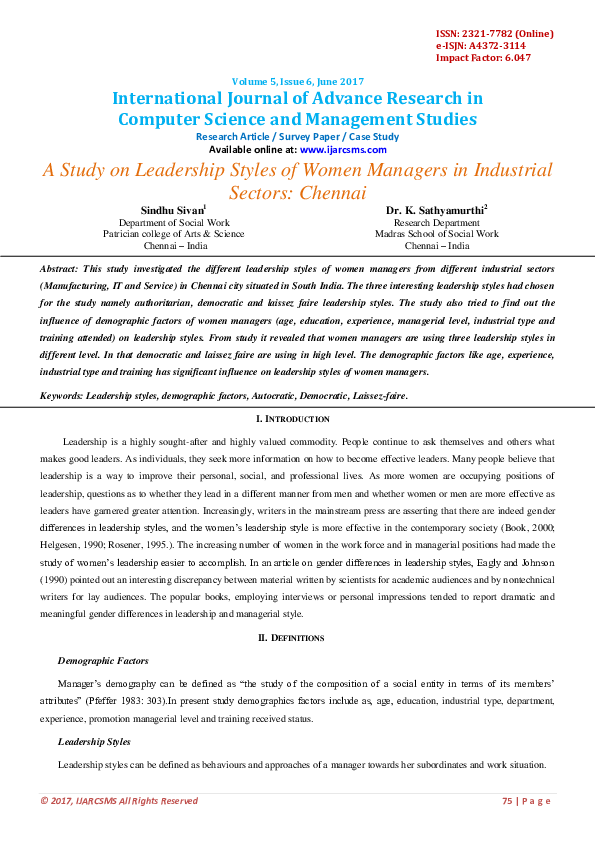 (PDF) A Study on Leadership Styles of Women Managers in Industrial ...