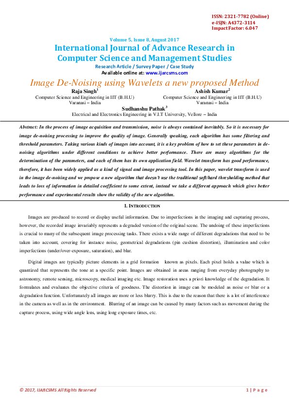 (PDF) Image De-Noising using Wavelets a new proposed Method