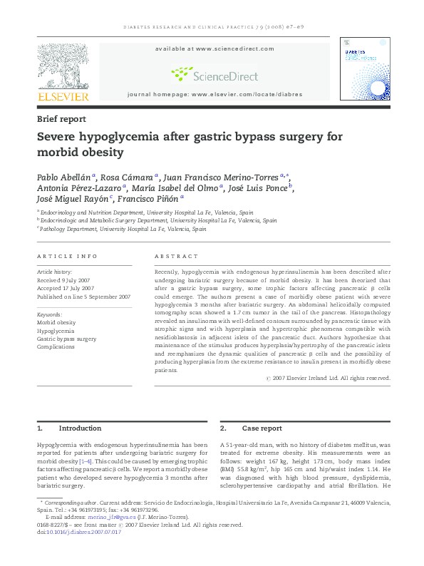 (PDF) Severe hypoglycemia after gastric bypass surgery for morbid
