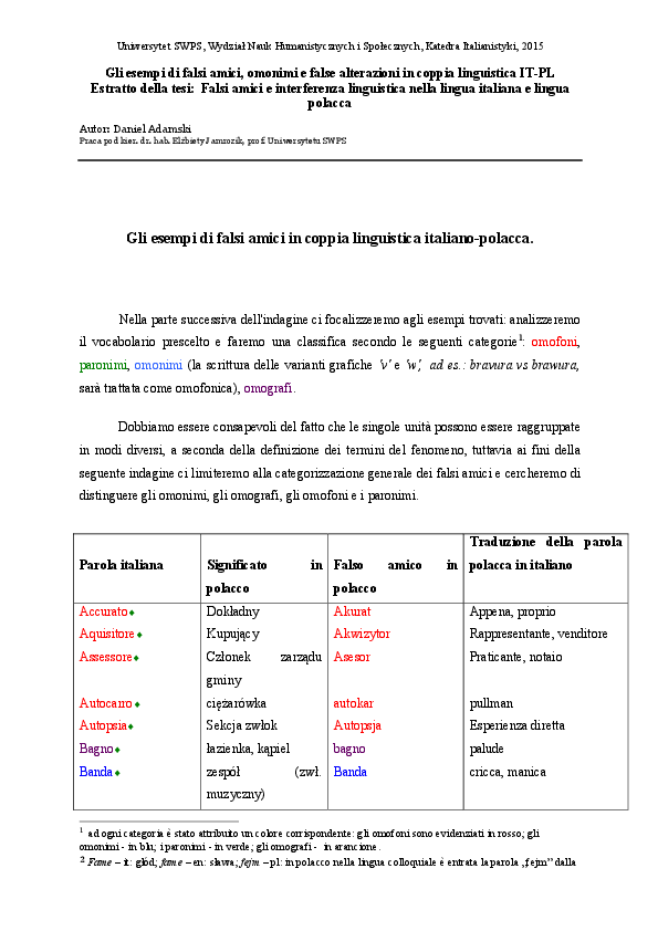 Pdf Gli Esempi Di Falsi Amici Omonimi E False Alterazioni In Coppia Linguistica It Pl Estratto Della Tesi Falsi Amici E Interferenza Linguistica Nella Lingua Italiana E Lingua Polacca Daniel Adamski