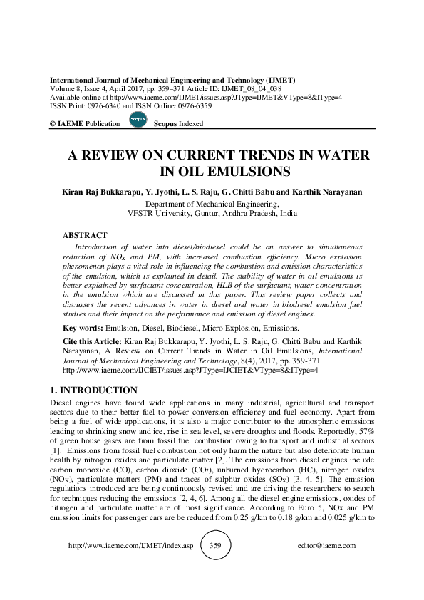 (PDF) A REVIEW ON CURRENT TRENDS IN WATER IN OIL EMULSIONS Kiran Raj