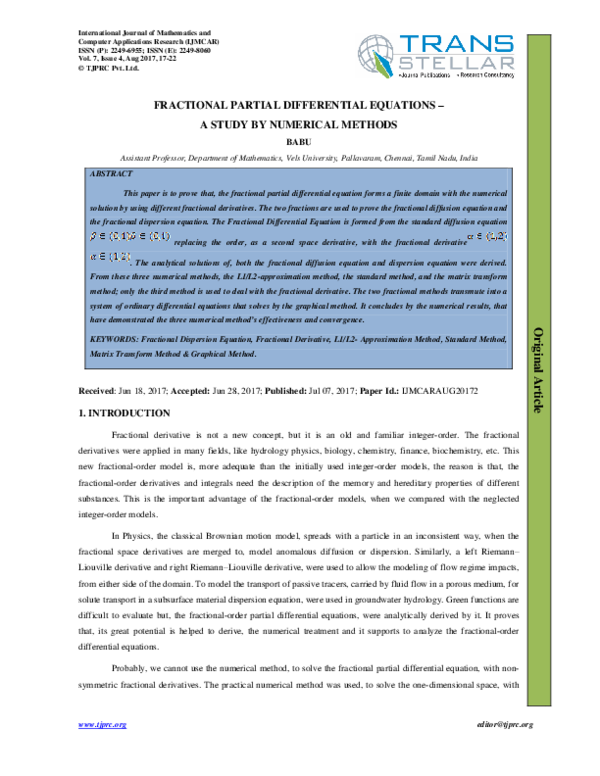 (PDF) FRACTIONAL PARTIAL DIFFERENTIAL EQUATIONS A STUDY BY NUMERICAL
