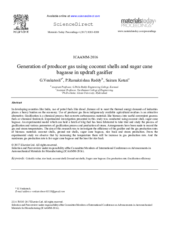 (PDF) Generation of producer gas using coconut shells and sugar cane ...