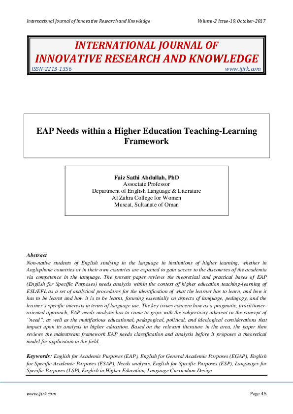 (PDF) EAP Needs within a Higher Education Teaching-Learning Framework