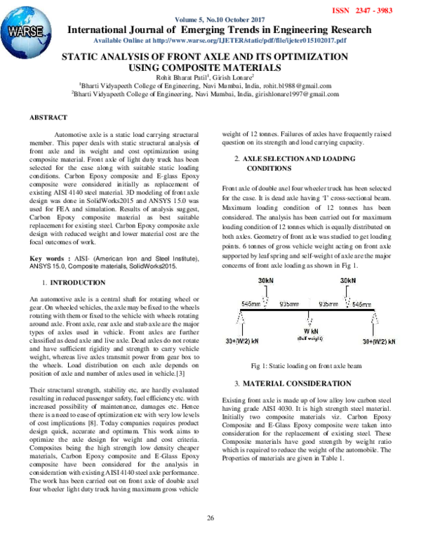 (PDF) STATIC ANALYSIS OF FRONT AXLE AND ITS OPTIMIZATION USING ...
