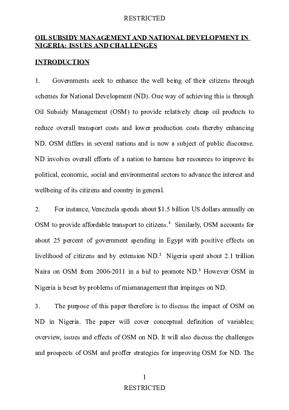 (DOC) OIL SUBSIDY MANAGEMENT AND NATIONAL DEVELOPMENT IN NIGERIA ...