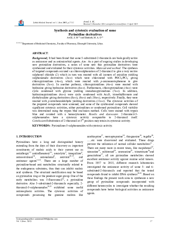 (PDF) Synthesis and cytotoxic evaluation of some Pyrimidine derivatives