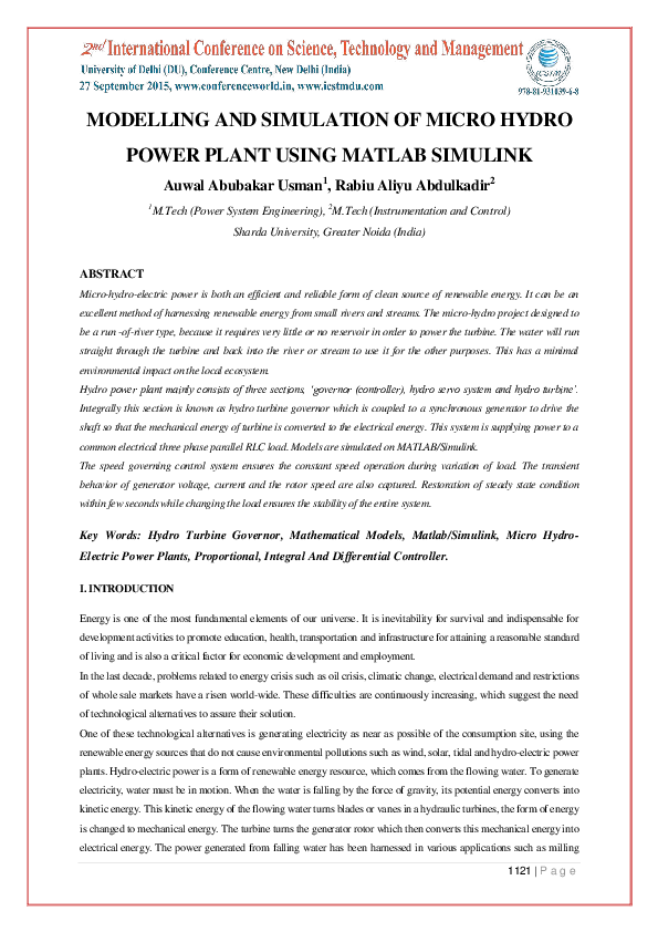 (PDF) MODELLING AND SIMULATION OF MICRO HYDRO POWER PLANT USING MATLAB