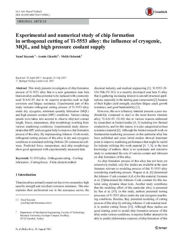 (PDF) Experimental and numerical study of chip formation in orthogonal ...