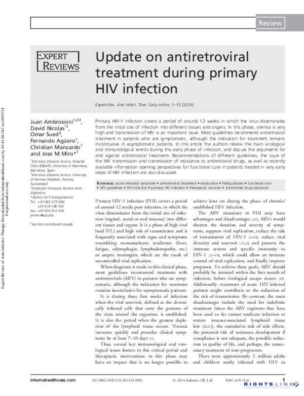 (PDF) Update on antiretroviral treatment during primary HIV infection