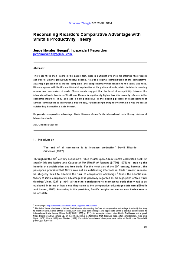 Reconciling Ricardo’s Comparative Advantage with Smith’s Productivity Theory