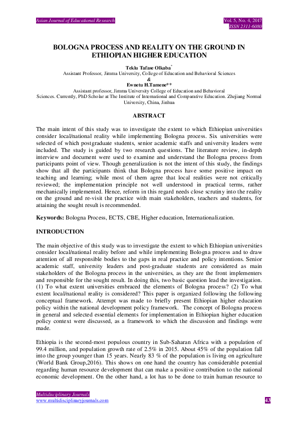 (PDF) BOLOGNA PROCESS AND REALITY ON THE GROUND IN ETHIOPIAN HIGHER