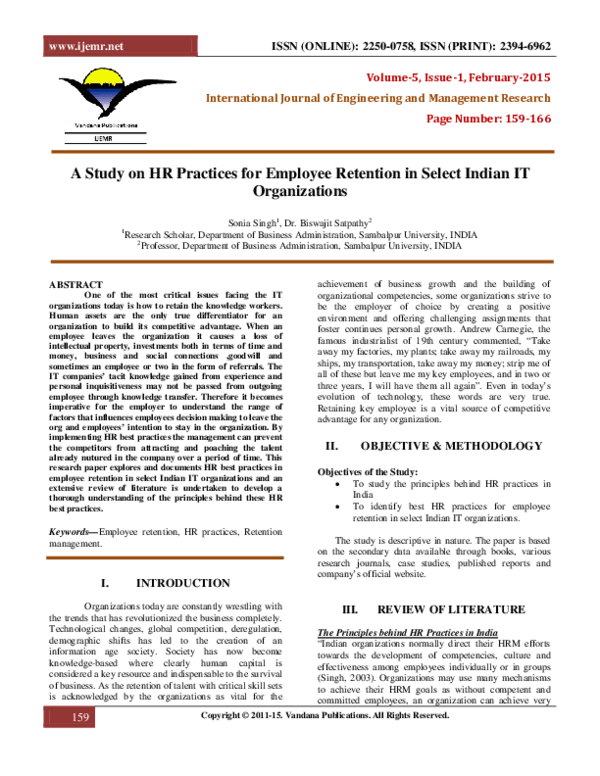 PDF) A Study on HR Practices for Employee Retention in Select 