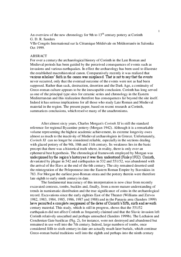 An Overview of the New Chronology for 9th to 13th Century Pottery at Corinth