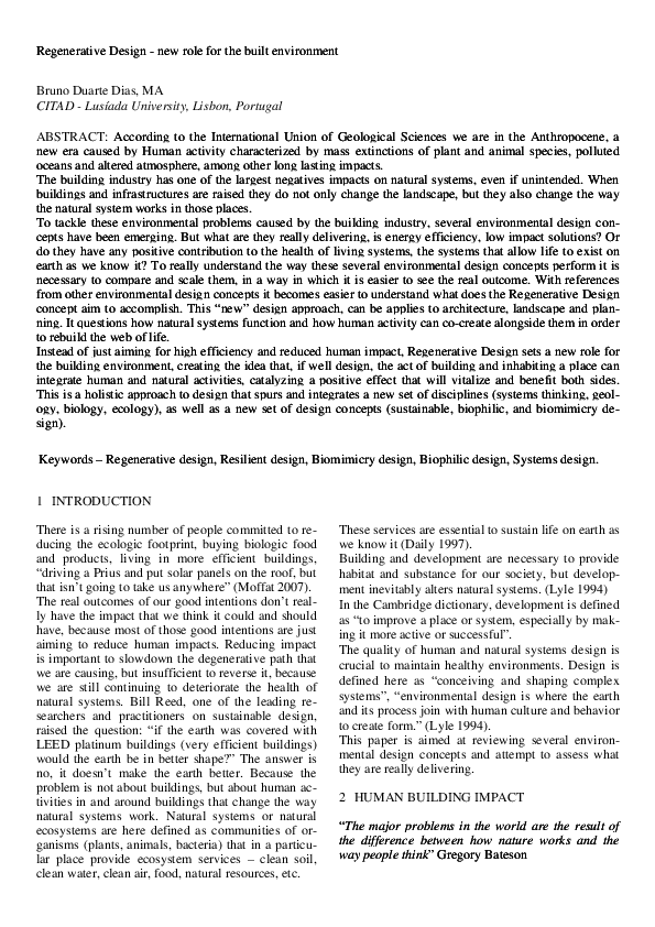(PDF) Regenerative Design - new role for the built environment