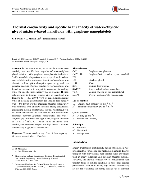 (PDF) Thermal conductivity and specific heat capacity of water–ethylene ...