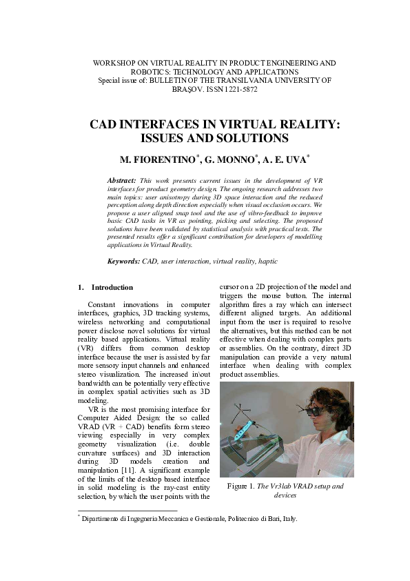 (PDF) CAD interfaces in virtual reality: Issues and solutions