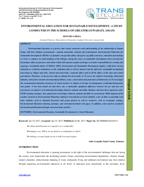 (PDF) ENVIRONMENTAL EDUCATION FOR SUSTAINABLE DEVELOPMENT: A STUDY ...