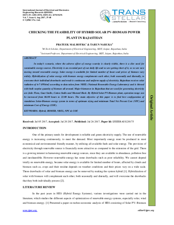 (PDF) CHECKING THE FEASIBILITY OF HYBRID SOLAR PVBIOMASS POWER PLANT