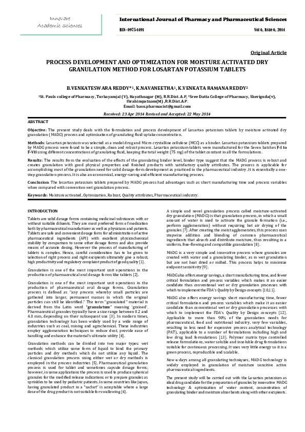 (PDF) PROCESS DEVELOPMENT AND OPTIMIZATION FOR MOISTURE ACTIVATED DRY ...