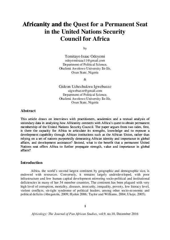 (PDF) Africanity and the Quest for a Permanent Seat in the United ...