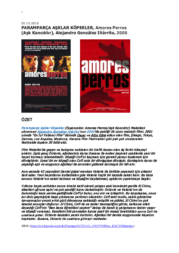 (PDF) PARAMPARÇA AŞKLAR KÖPEKLER_Amores Perros(Aşk Kancıktır